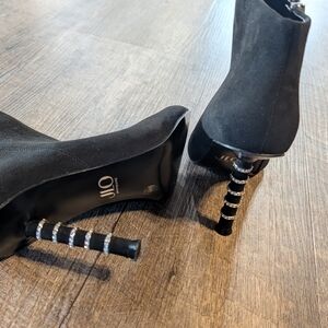 Jennifer Lopez Black Suede Ankle Boots with Crystal-Wrapped Stiletto Heels